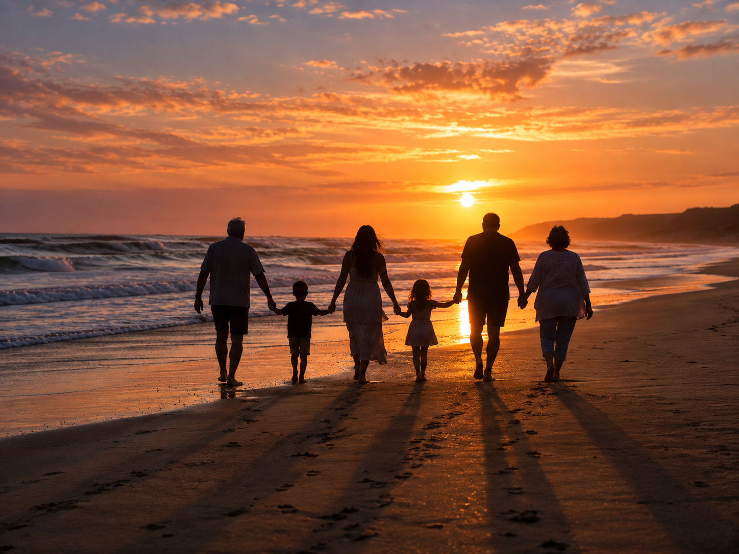 Multi-generational family walking on beach at sunset