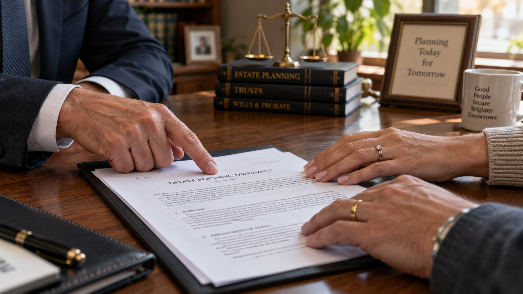 Estate planning documents being reviewed at a desk